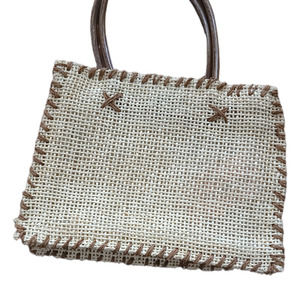 Tan Handwoven Straw Handbag Handmade Chainmail Purse Handy Bag